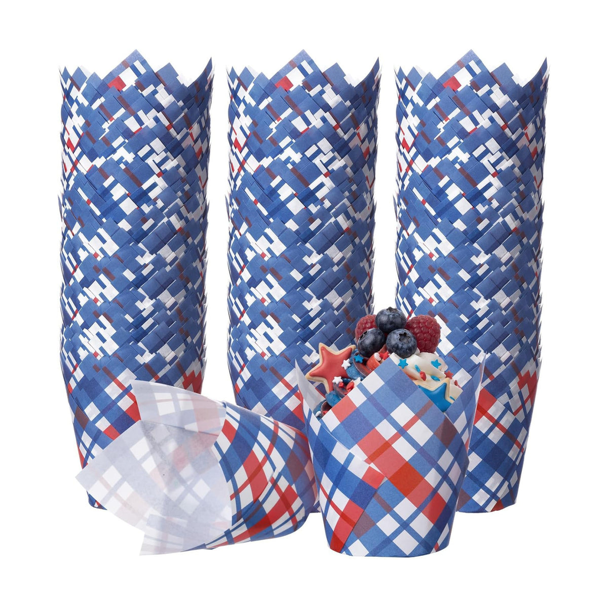 Maxdot 200 Pcs Red Blue Plaid Tulip Cupcake Liners for Baking 4th of July Paper Muffin Baking Cups Patriotic Gingham Tulip Muffin Liners Wrappers for Independence Day Memorial Day Party Supplies