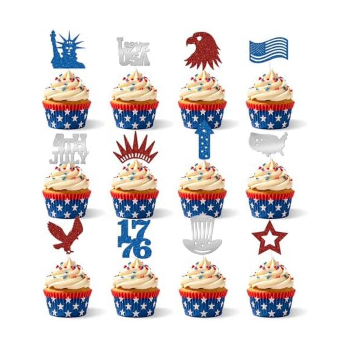 24Pcs Independence Day Cupcake Toppers, Glitter 4th of July Cake Decoration