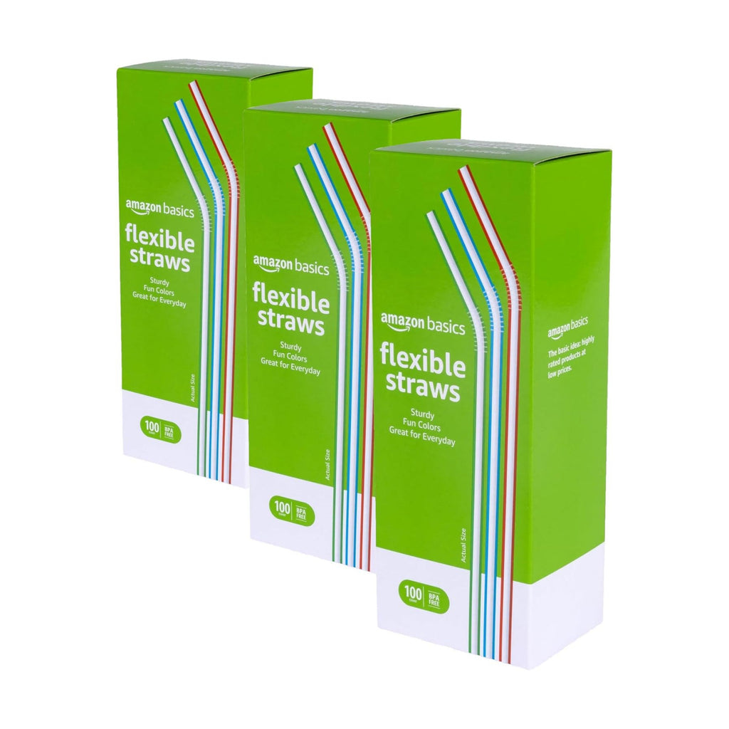 Amazon Basics Disposable Striped Plastic Flex Straws, 7.5" Long, Assorted Colors, 100 Count, Large Pack (Pack of 3)