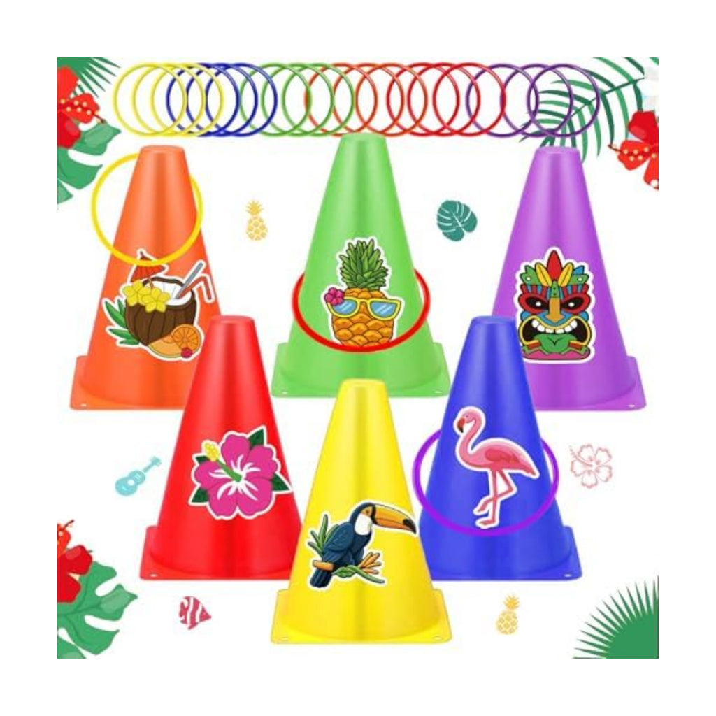 Hawaii Ring Toss Game Set, Luau Party Tossing Game with 6 Plastic Cones, 18 Colorful Rings, Beach Lawn Games for Kids Adults, Hawaiian Tiki Party Supplies Indoor Outdoor Family Activities (Hawaii)
