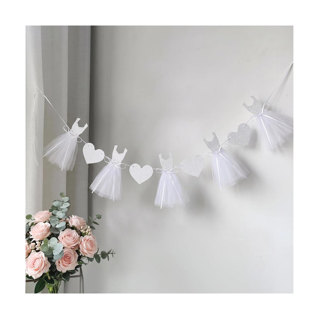 Pre-Strung White Wedding Dress Banner Sign 9.8FT, Glitter Paper