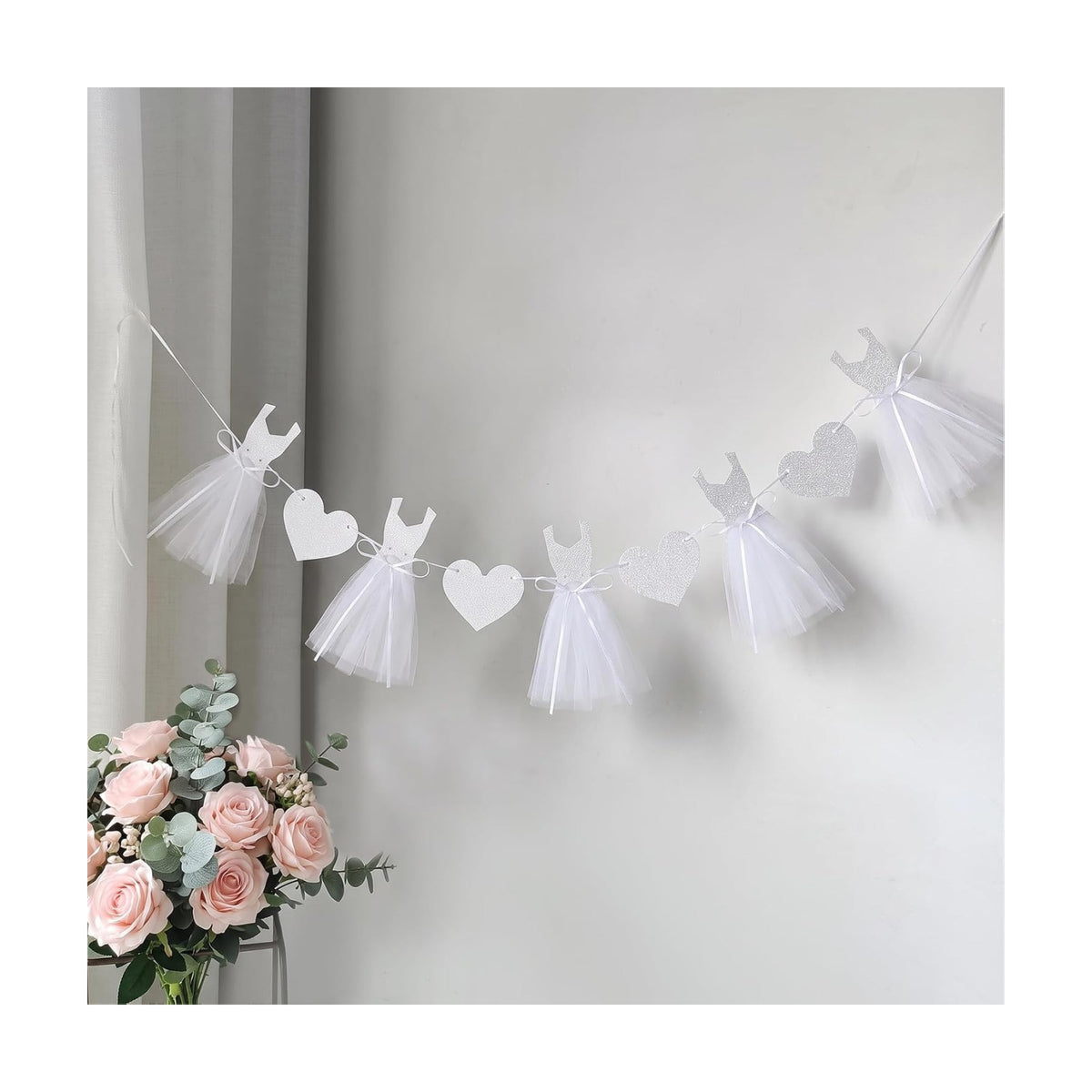 Pre-Strung White Wedding Dress Banner Sign 9.8FT, Glitter Paper