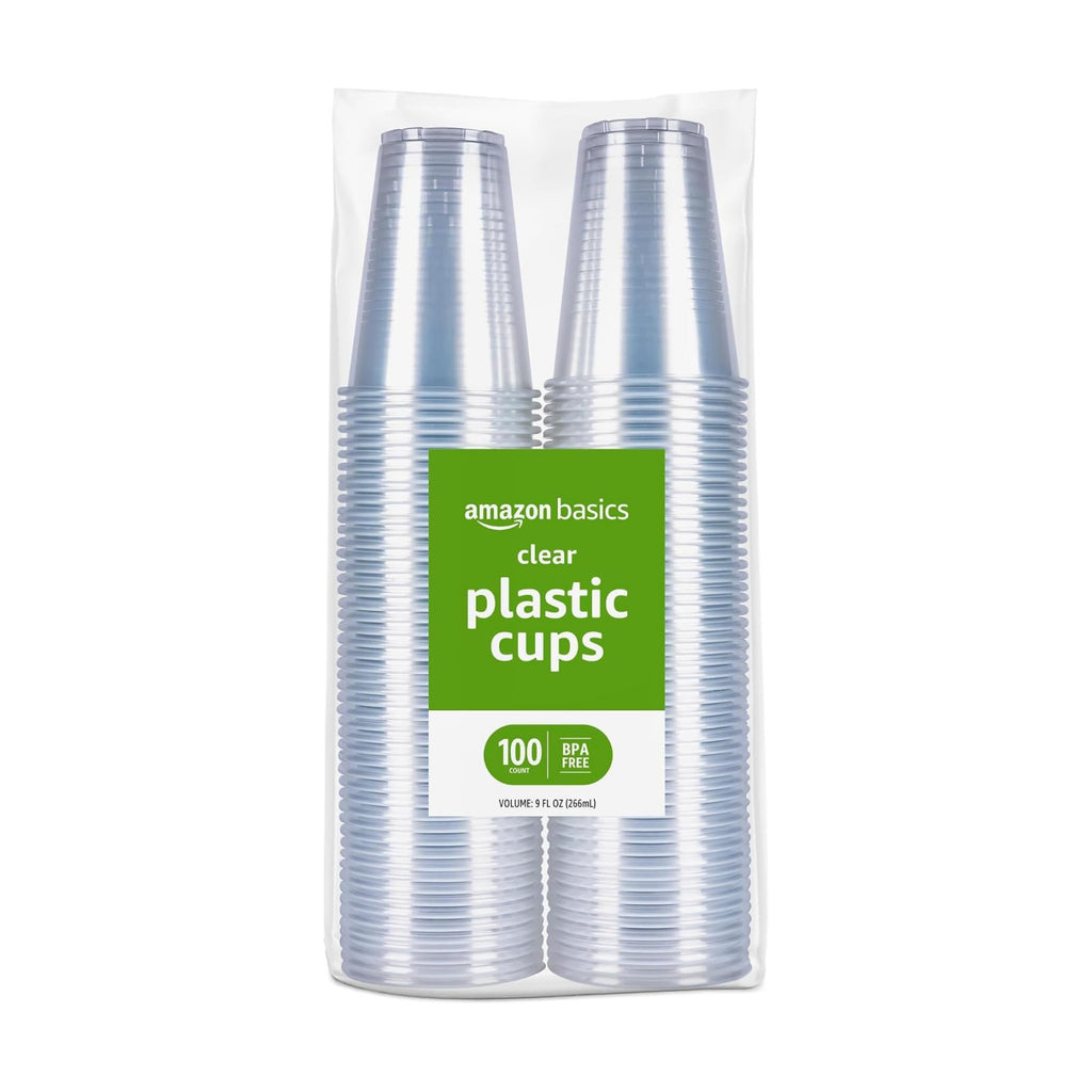 Amazon Basics Small Disposable Clear Plastic Cups, 9oz, 100 Count (Pack of 6)