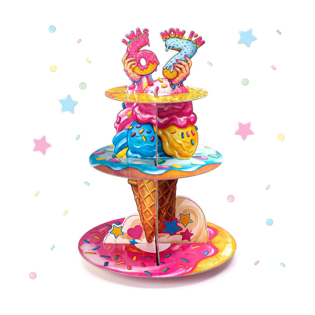 SiliFine Ice Cream Drip 6 7 Birthday Decoration 3 Tier 67 Cupcake Stand I was 6 Now I'm 7 Birthday Party Decorations 6 7 Dessert Tower for 7th Donut Ice Cream Party Celebration Supplies (67)