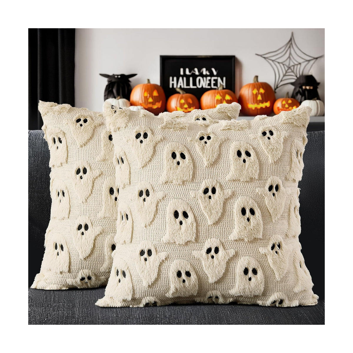 MIULEE Beige Halloween Pillow Covers Cute Ghost Decor Set of 2 16x16