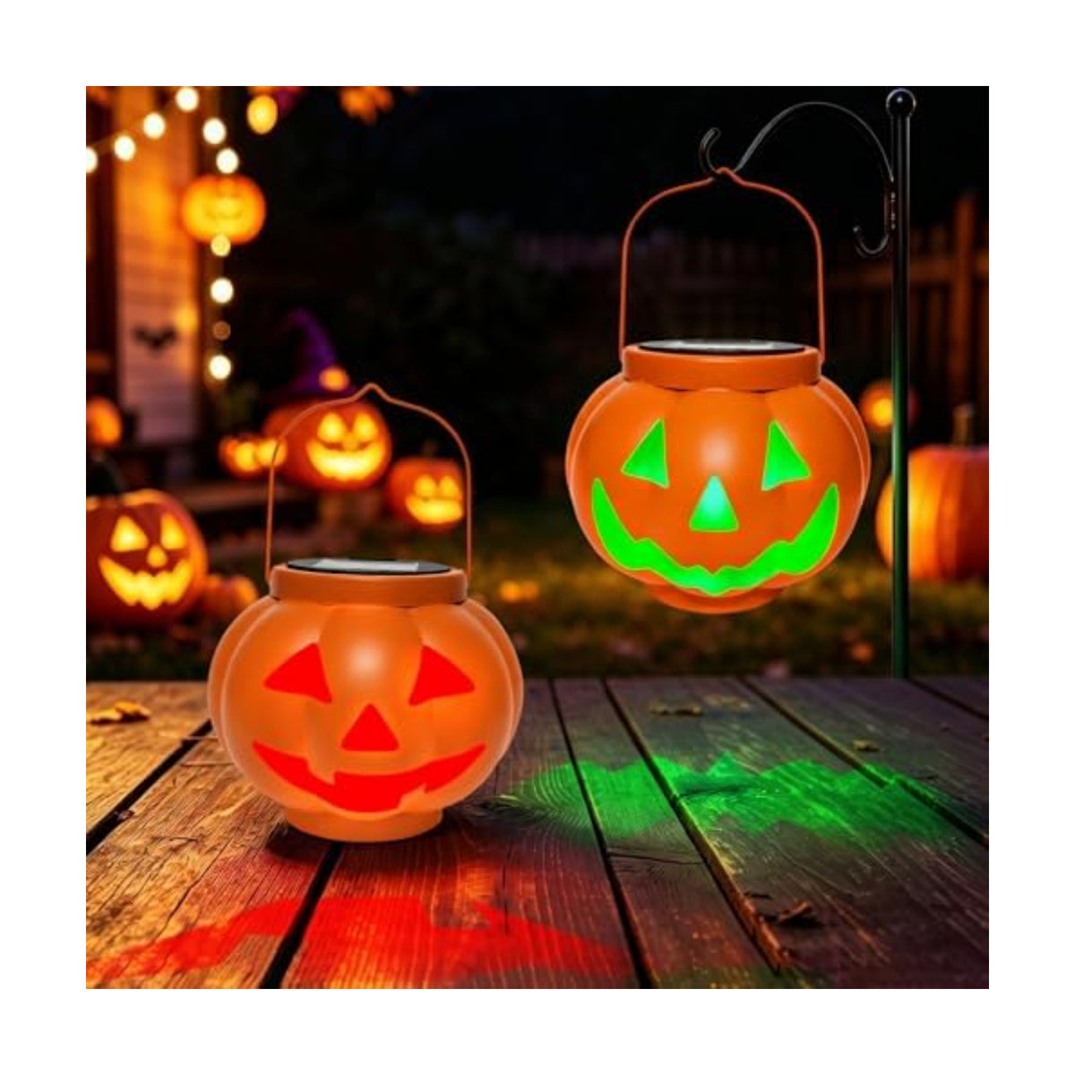 BRIGHTDECK Halloween Pumpkin Solar Lanterns 2 Pack, Jack O Lantern Pumpkin Lights for Halloween Decorations Outdoor, Weatherproof & Portable Fall Yard Decor (2Pack Red＆Green)