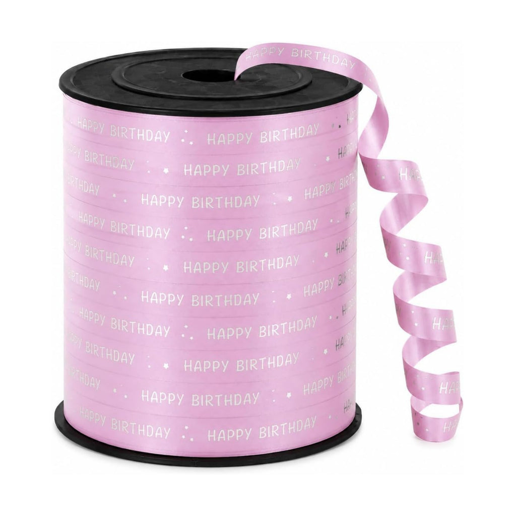 BEISHIDA 250 Yards Pink Happy Birthday Printed Crimped Curling Ribbon Balloon String Roll Gift Wrapping Ribbon for Baby Girl Women Birthday Party Decoration Supplies