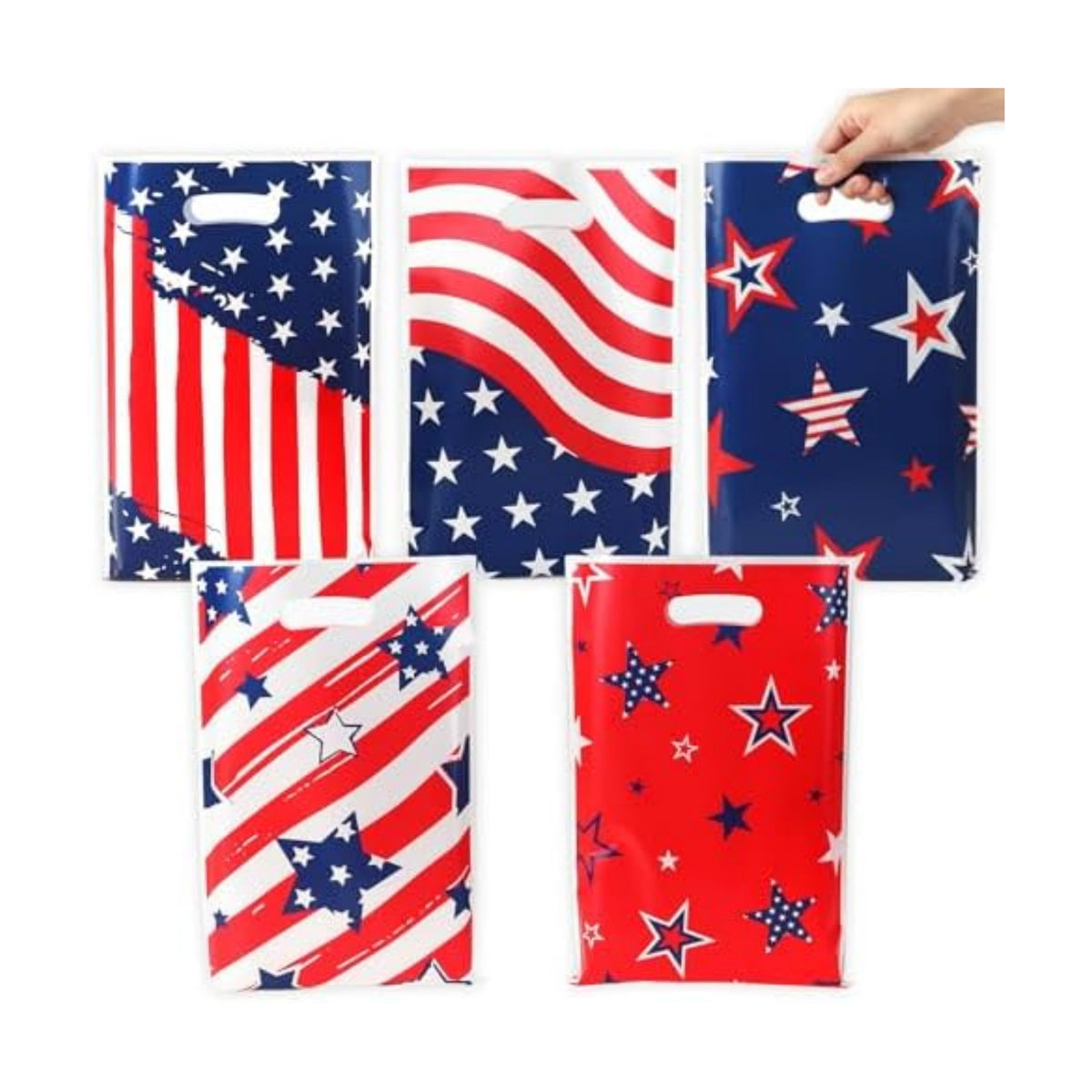 4th of July Treat Bags, 50PCS 4th of July Gift Bags with Handles, Plastic Red White and Blue Patriotic Star Cookie Goodie Candy Party Favor Bag for Independence Day Party Decoration Supplies, 6.7"x10"