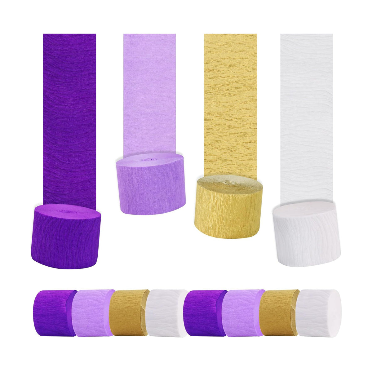 BEISHIDA 8 Rolls Purple Gold White Crepe Paper Streamers for Graduation Basketball Holiday Bridal Shower Wedding Birthday Theme Party Decorations, piñatas DIY Craft Paper (656 Ft)