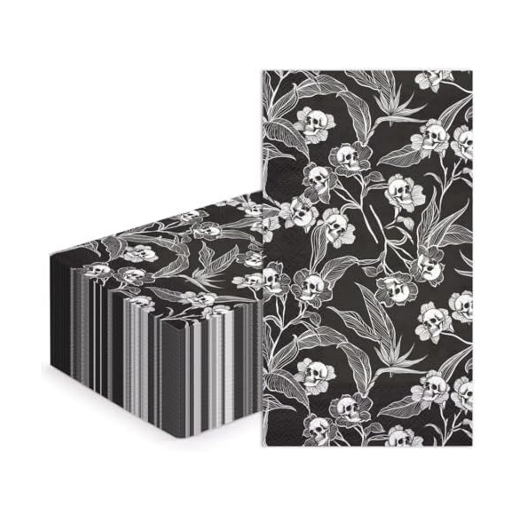 WRAPAHOLIC 50Pcs Gothic Halloween Paper Napkins - 3-Ply Black and White Gothic Floral Skull Guest Disposable Hand Towels for Bathroom, Halloween, Wedding, Birthday - 4.3 x 7.9 In