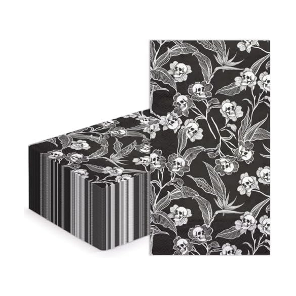 WRAPAHOLIC 50Pcs Gothic Halloween Paper Napkins - 3-Ply Black and White Gothic Floral Skull Guest Disposable Hand Towels for Bathroom, Halloween, Wedding, Birthday - 4.3 x 7.9 In