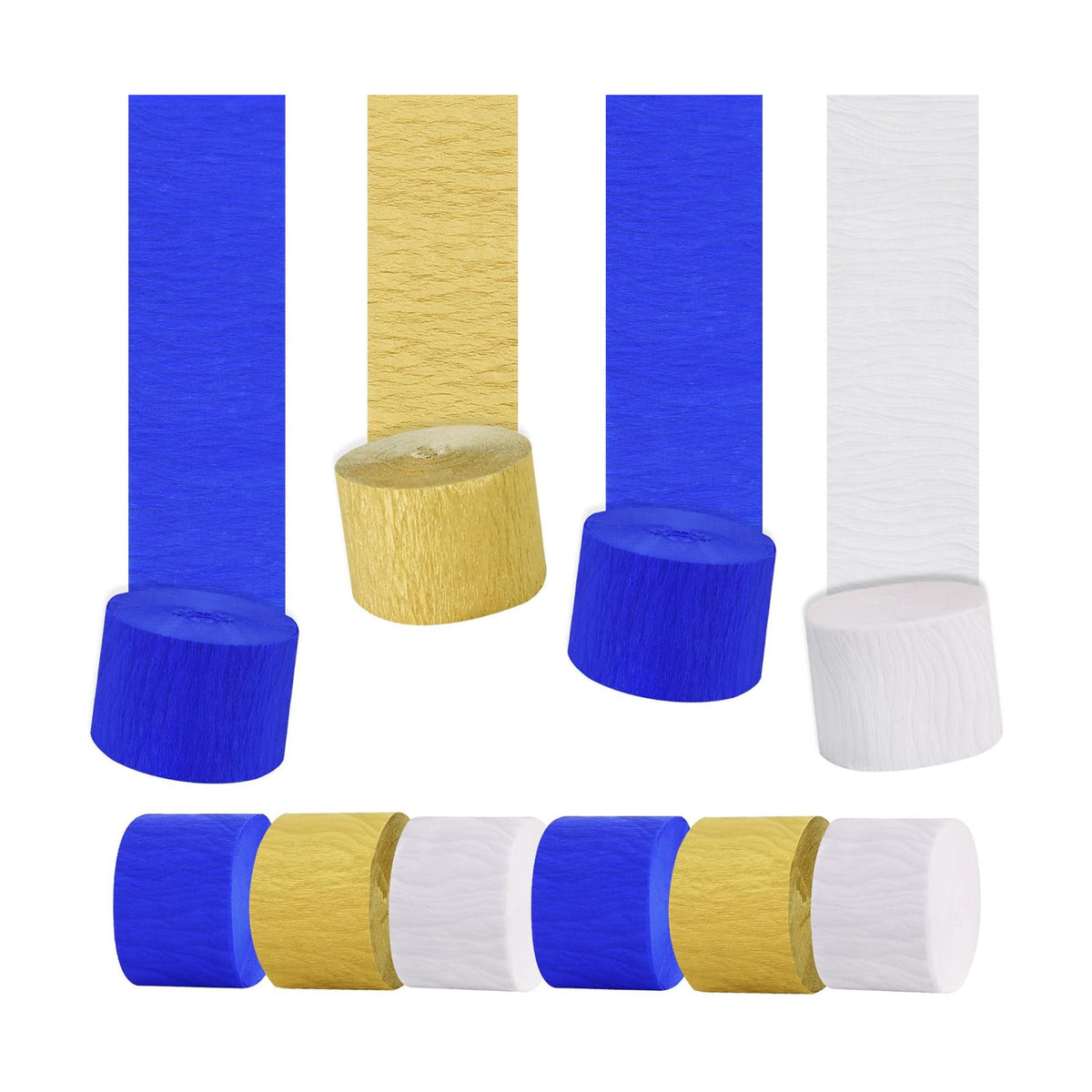 BEISHIDA 6 Rolls Blue Gold White Crepe Paper Streamers for Graduation Retirement Prom Anniversary Bridal Shower Men Birthday Celebration Party Decorations, piñatas DIY Craft Paper (492 Ft)