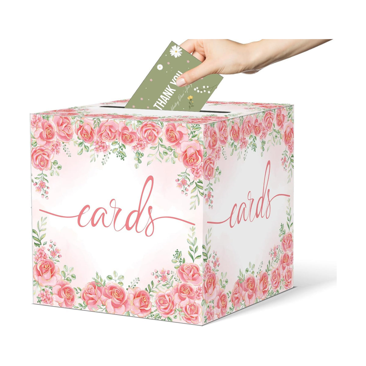 Watercolor Pink Rose Wedding Card Box, Paperboard 8.7" Gift Card Holder for Graduation Birthday Party Reception Retirement Anniversary Bridal & Baby Shower