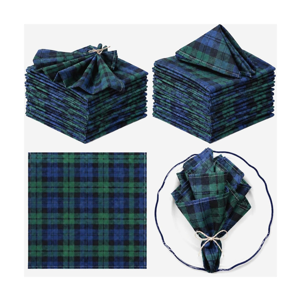 Funnymoom 24 Pcs Christmas Linen Plaid Cloth Napkins Blue and Green