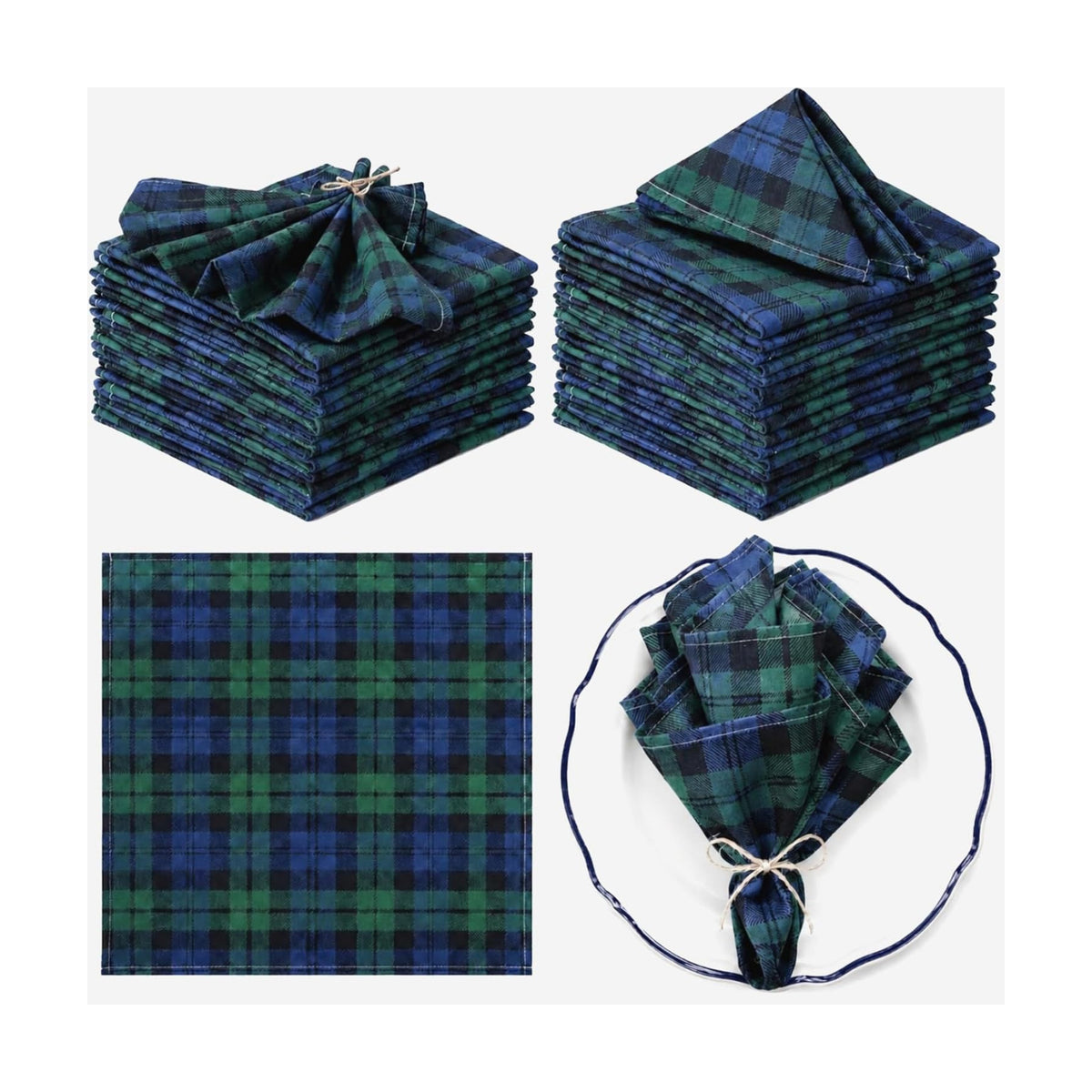 Funnymoom 24 Pcs Christmas Linen Plaid Cloth Napkins Blue and Green