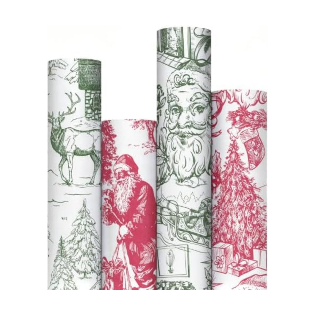 RUSPEPA Kraft Christmas Wrapping Paper Set, Jumbo Roll, Red Green Vintage Toile Santa, Tree, Deer & Winter Scene Design Gift Wrap for Xmas Holiday, Rustic Party, 4 Rolls, 30 Inches x 10 Feet per Roll
