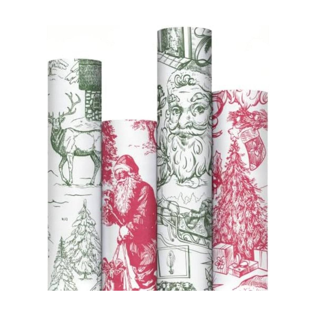 RUSPEPA Kraft Christmas Wrapping Paper Set, Jumbo Roll, Red Green Vintage Toile Santa, Tree, Deer & Winter Scene Design Gift Wrap for Xmas Holiday, Rustic Party, 4 Rolls, 30 Inches x 10 Feet per Roll