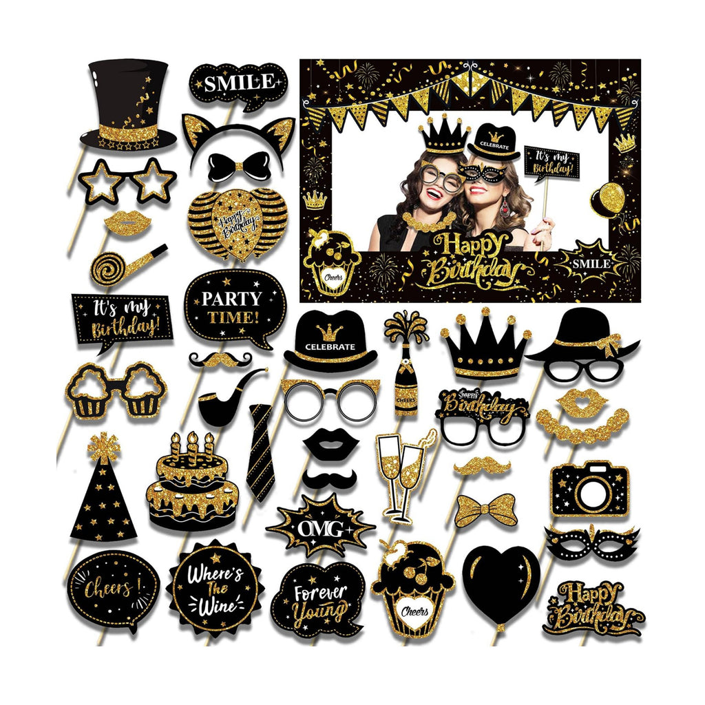 38 Pcs Birthday Photo Booth Props Kit with Frame, Happy Birthday Party Favors Supplies Bday Party Decorations Set for Girls Women Really Glitter Selfie Paper Party Supplies (Gold)