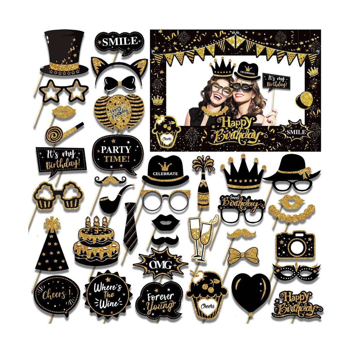 38 Pcs Birthday Photo Booth Props Kit with Frame, Happy Birthday Party Favors Supplies Bday Party Decorations Set for Girls Women Really Glitter Selfie Paper Party Supplies (Gold)