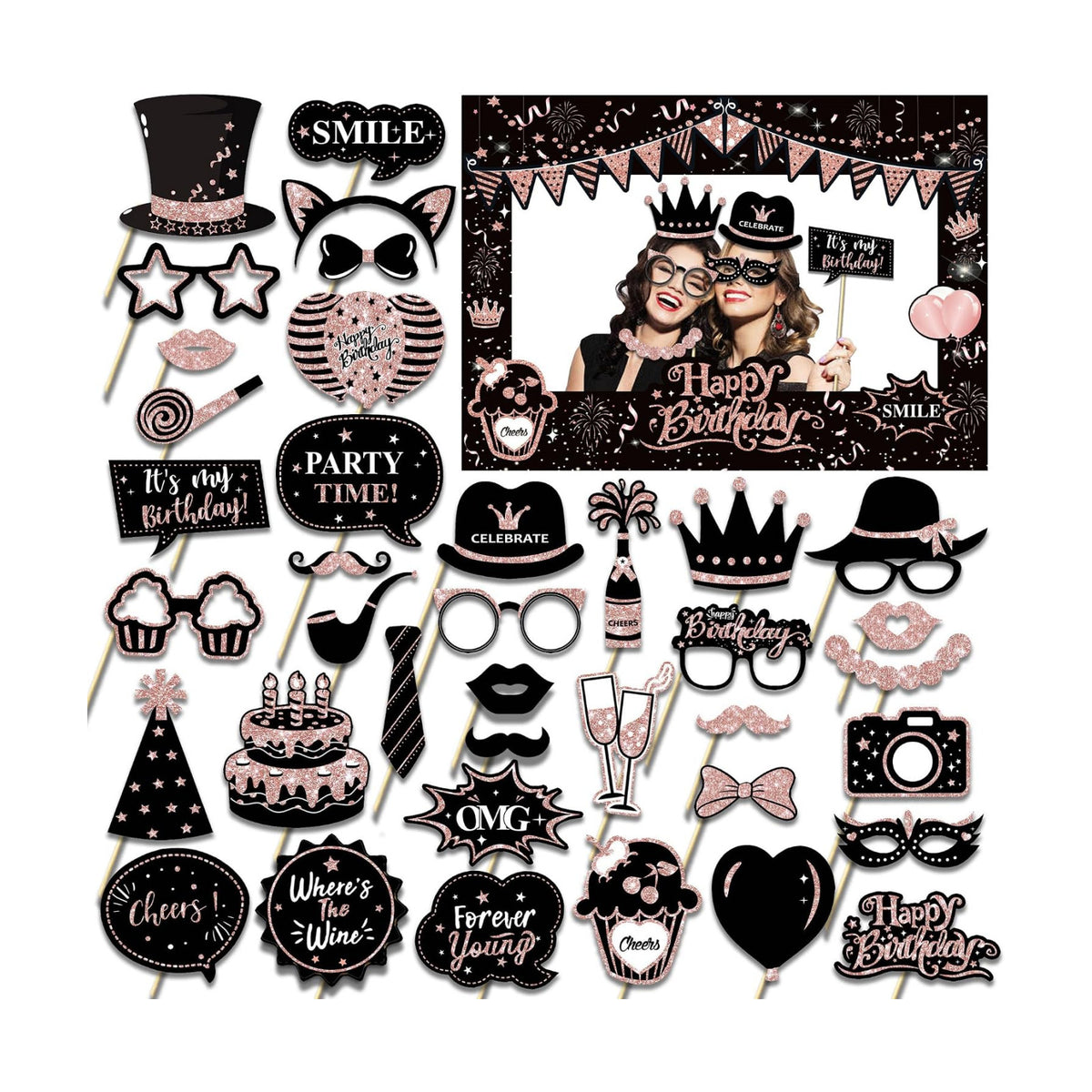 38 Pcs Birthday Photo Booth Props Kit with Frame, Happy Birthday Party Favors Supplies Bday Party Decorations Set for Girls Women Really Glitter Selfie Paper Party Supplies (Rose Gold)