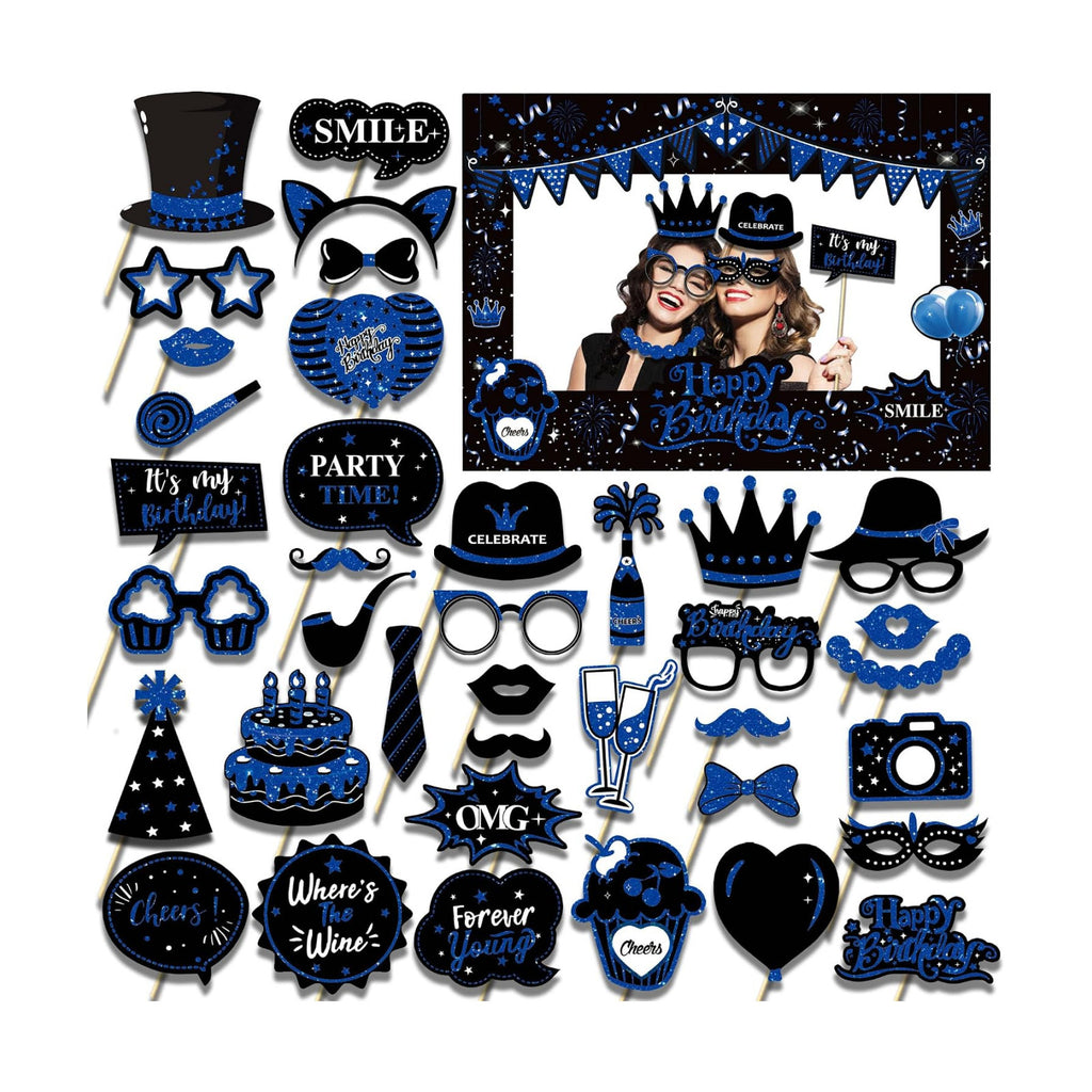 38 Pcs Birthday Photo Booth Props Kit with Frame, Happy Birthday Party Favors Supplies Bday Party Decorations Set for Girls Women Really Glitter Selfie Paper Party Supplies (Blue)