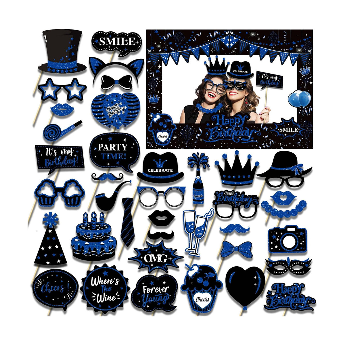 38 Pcs Birthday Photo Booth Props Kit with Frame, Happy Birthday Party Favors Supplies Bday Party Decorations Set for Girls Women Really Glitter Selfie Paper Party Supplies (Blue)