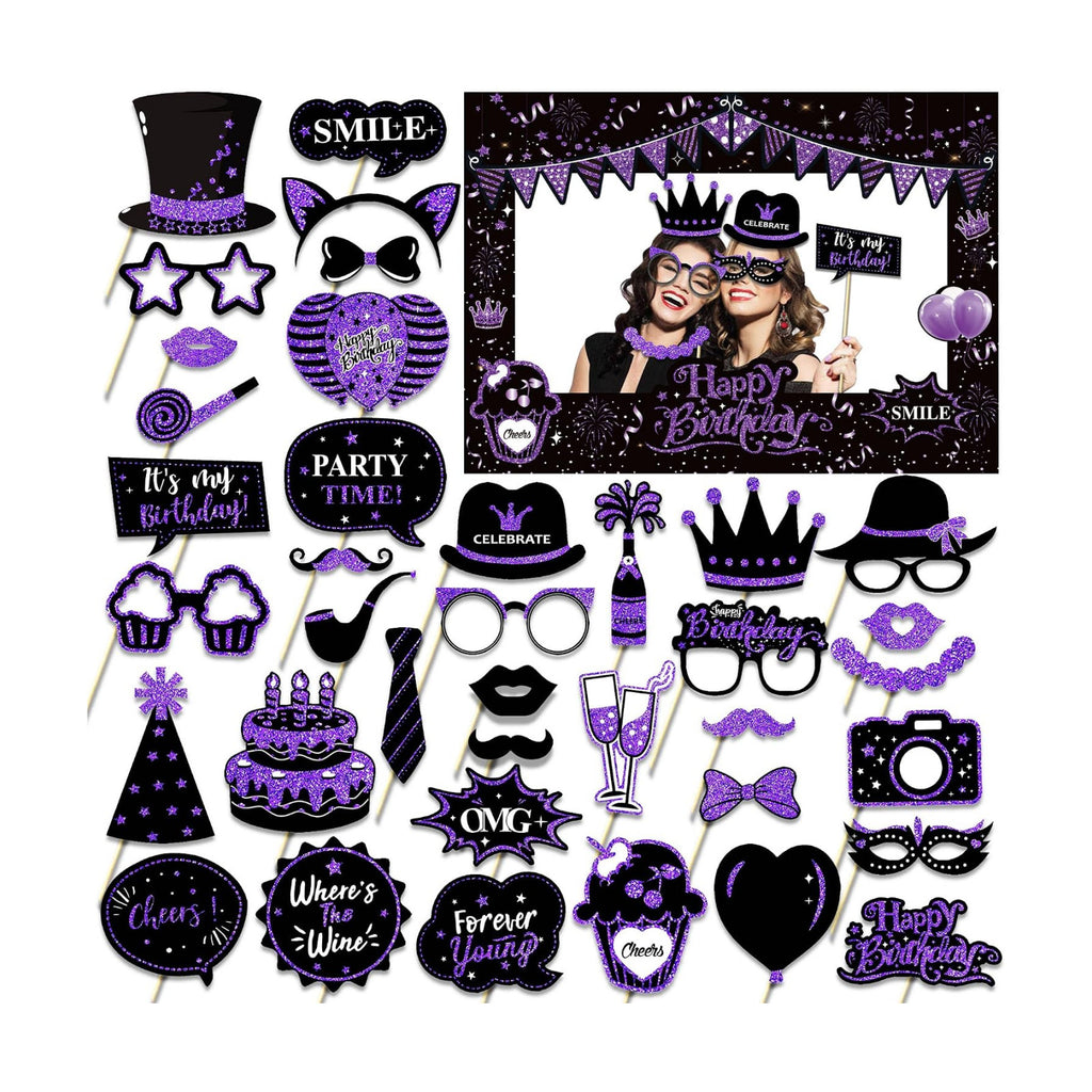 38 Pcs Birthday Photo Booth Props Kit with Frame, Happy Birthday Party Favors Supplies Bday Party Decorations Set for Girls Women Really Glitter Selfie Paper Party Supplies (Purple)