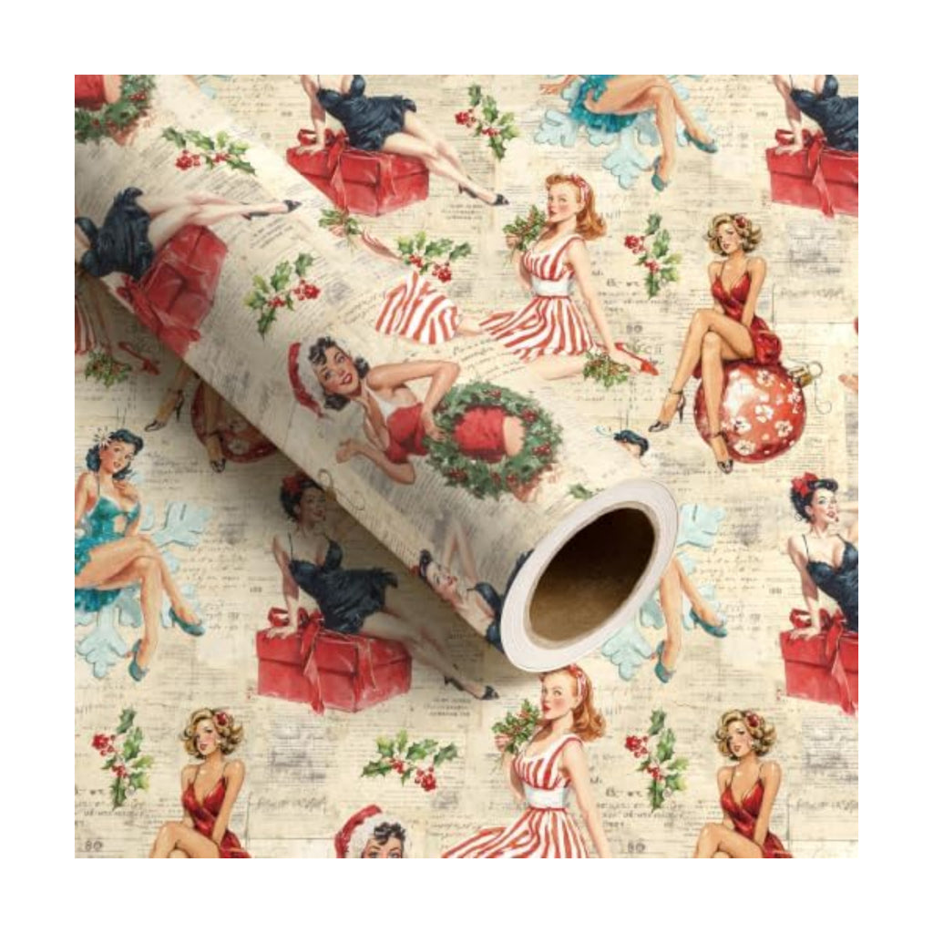 RUSPEPA Kraft Christmas Wrapping Paper Roll, Mini Roll, Vintage Christmas Pin-up Girl with Gift Design, Retro Kraft Gift Wrap for Xmas Gifts, Family, Holiday, Winter Party, 17 Inches x 16.4 Feet