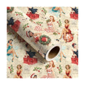 RUSPEPA Kraft Christmas Wrapping Paper Roll, Mini Roll, Vintage Christmas Pin-up Girl with Gift Design, Retro Kraft Gift Wrap for Xmas Gifts, Family, Holiday, Winter Party, 17 Inches x 16.4 Feet