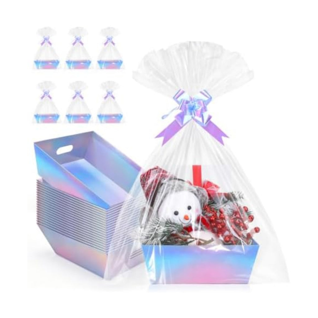 AFOROEOA 20 Pack Iridescent Gift Baskets Empty, 10x8 Thick Paper Basket with 20 Clear Bags and 20 Pull Bows, Holographic Gift Baskets for Bridal Birthday Party Bulk Wrapping