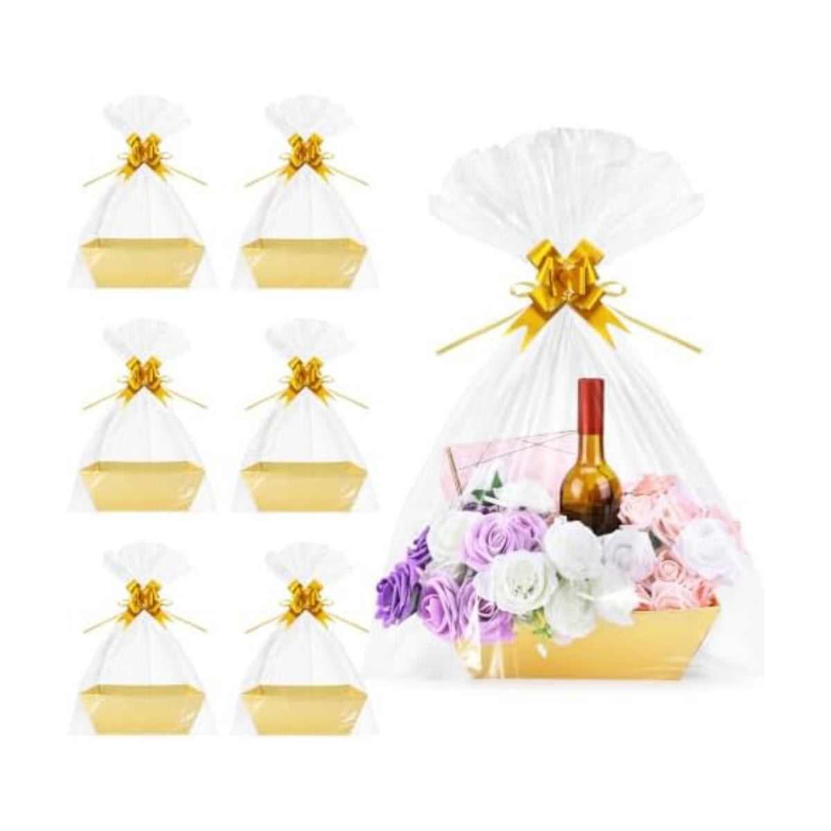 AFOROEOA 6 Pack Gold Baskets For Gifts Empty, 10x8" Thick Paper Basket with 6 Clear Bags and 6 Gold Bows, Empty Gift Baskets for Christmas Valentine Easter Birthday Anniversary Luxury Wrapping