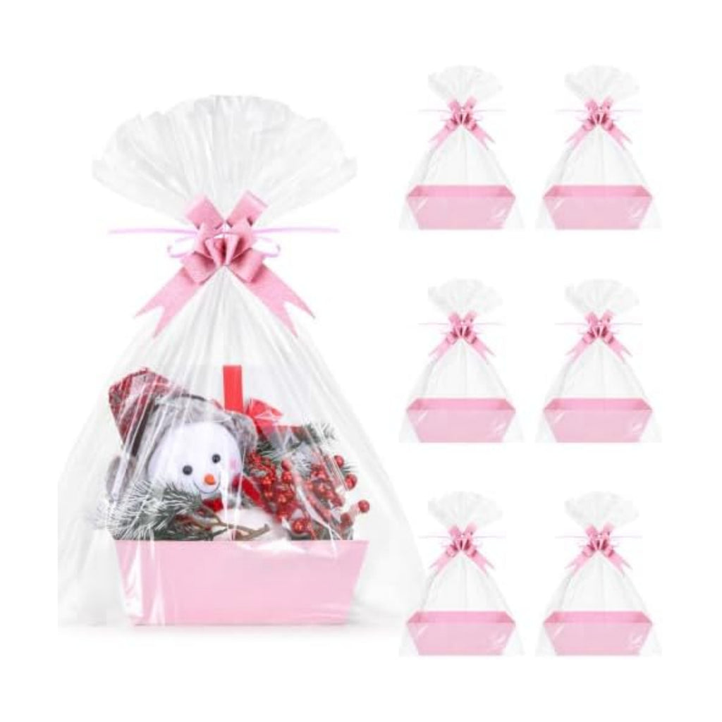6 Pack Pink Baskets For Gifts Empty, 10x8x3.5" Thick Paper Basket with 6 Clear Bags and 6 Pink Bows, Empty Gift Baskets for Baby Shower Valentine Bridal Birthday Party Wrapping Gift