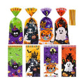 100 Pcs Halloween Cellophane Treat Bags - 5 x 11 Inch Halloween Goodie Bags with Gold Ties for Cookies, Snacks, Party Favors & Gift Packaging, 2.8 Mil Thick Plastic Spooky Season Candy Bag for Kids