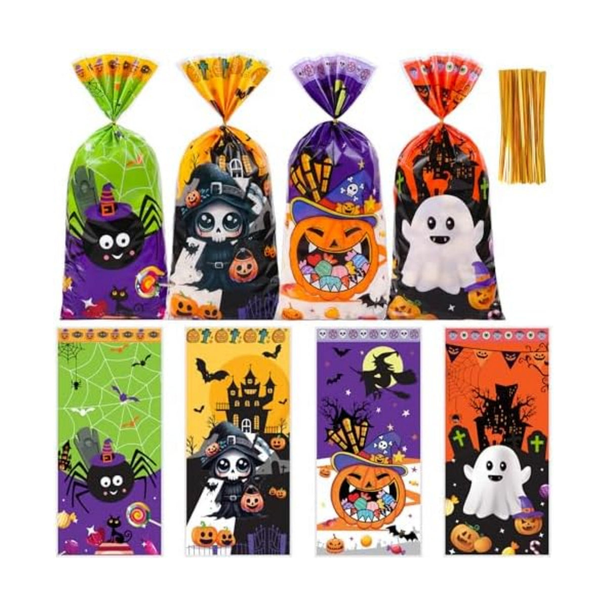 100 Pcs Halloween Cellophane Treat Bags - 5 x 11 Inch Halloween Goodie Bags with Gold Ties for Cookies, Snacks, Party Favors & Gift Packaging, 2.8 Mil Thick Plastic Spooky Season Candy Bag for Kids