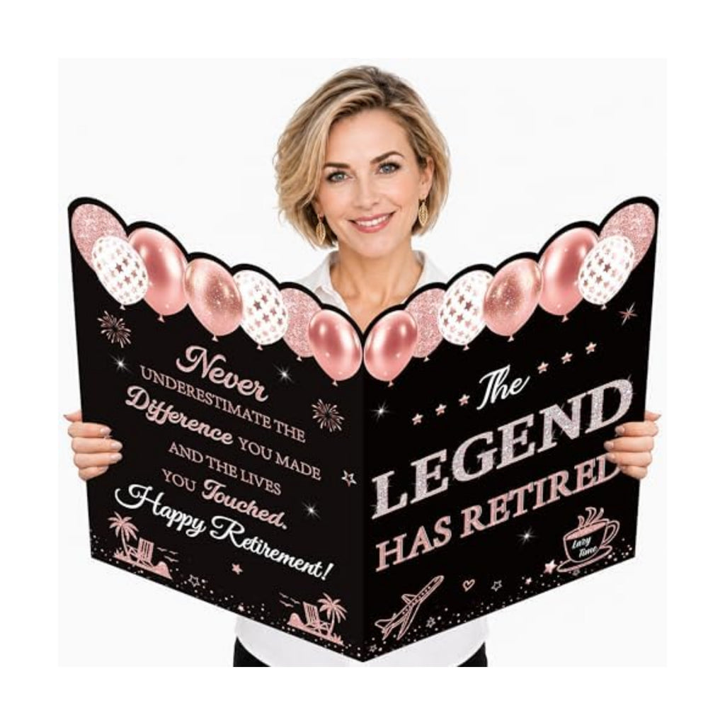 WNINK Jumbo Retirement Card for Women, Black Rose Gold Happy Retirement Guest Book with Envelope, Large Farewell Signing Card, The Legend Has Retired Decorations Gift