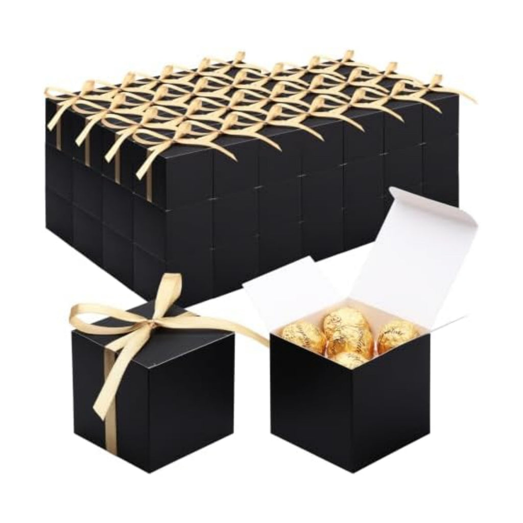 EUSOAR Black Favor Boxes, 120pcs 3x3x3 Inches Small Gift Boxes Mini Bakery Cookies Candy Box with Gold Ribbon, Square Paper Chocolate Containers for Wedding Birthday Bridal Party Favor Decoration