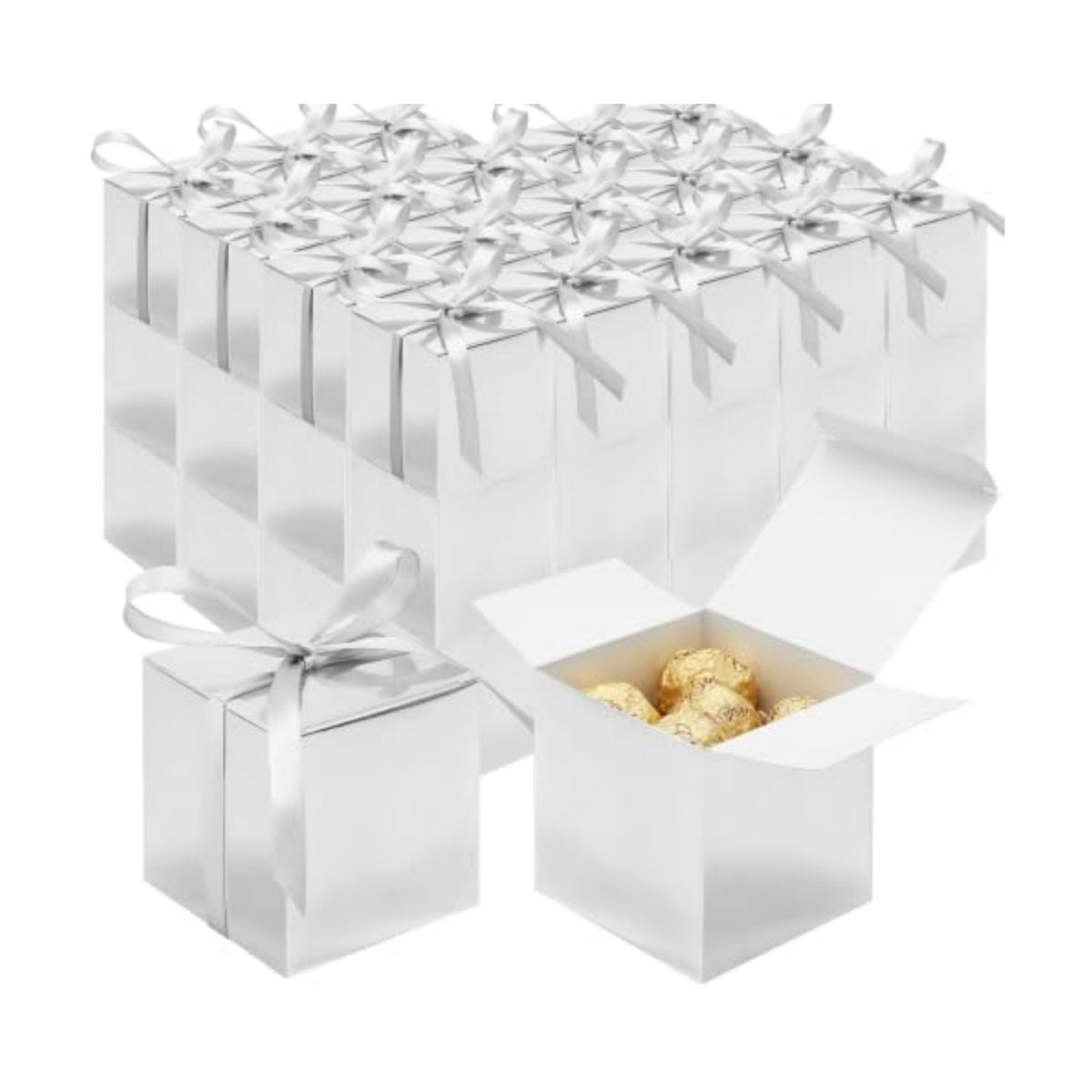 EUSOAR 3x3x3 Gift Boxes, 60pcs Small Candy Favor Gift Boxes Mini Bakery Cookies Box with Silver Ribbon, Square Paper Chocolate Containers for Wedding Birthday Bridal Party Favor Decoration-Silver