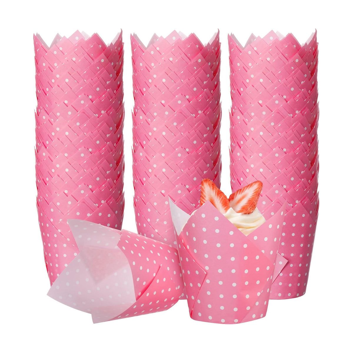Maxdot 200 Pcs Pink and White Polka Dot Tulip Cupcake Liners for Baking Paper Muffin Baking Cups Tulip Muffin liners Wrappers for Bridal Baby Shower Wedding Birthday Party Decor