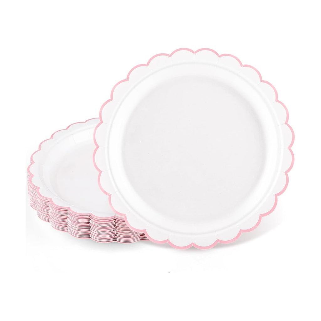 NatNarr 30 Pk Pink Paper Plates 7" Scalloped Pink White Dessert Cake Plates