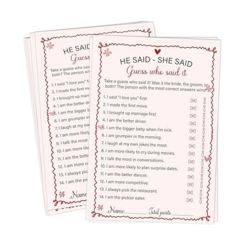 He Said She Said - Pink Bridal Shower Games Cards - 30 Fun Wedding Party Game Cards for Bridal Shower, Engagement, Bachelorette & Newlywed Party, Icebreaker Activity Supplies & Decorations