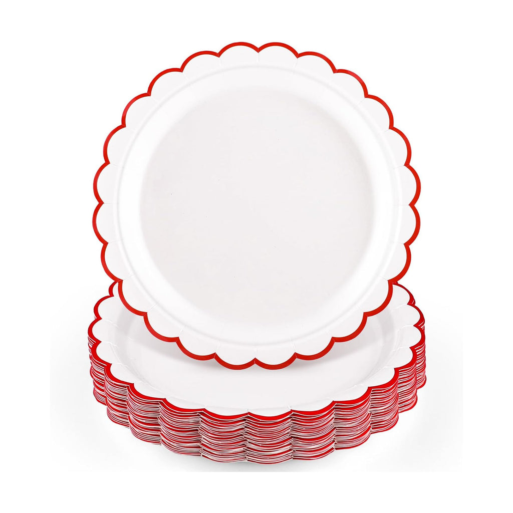 NatNarr 30 Pcs Red Paper Plates 9" Scalloped Red White Party Plates