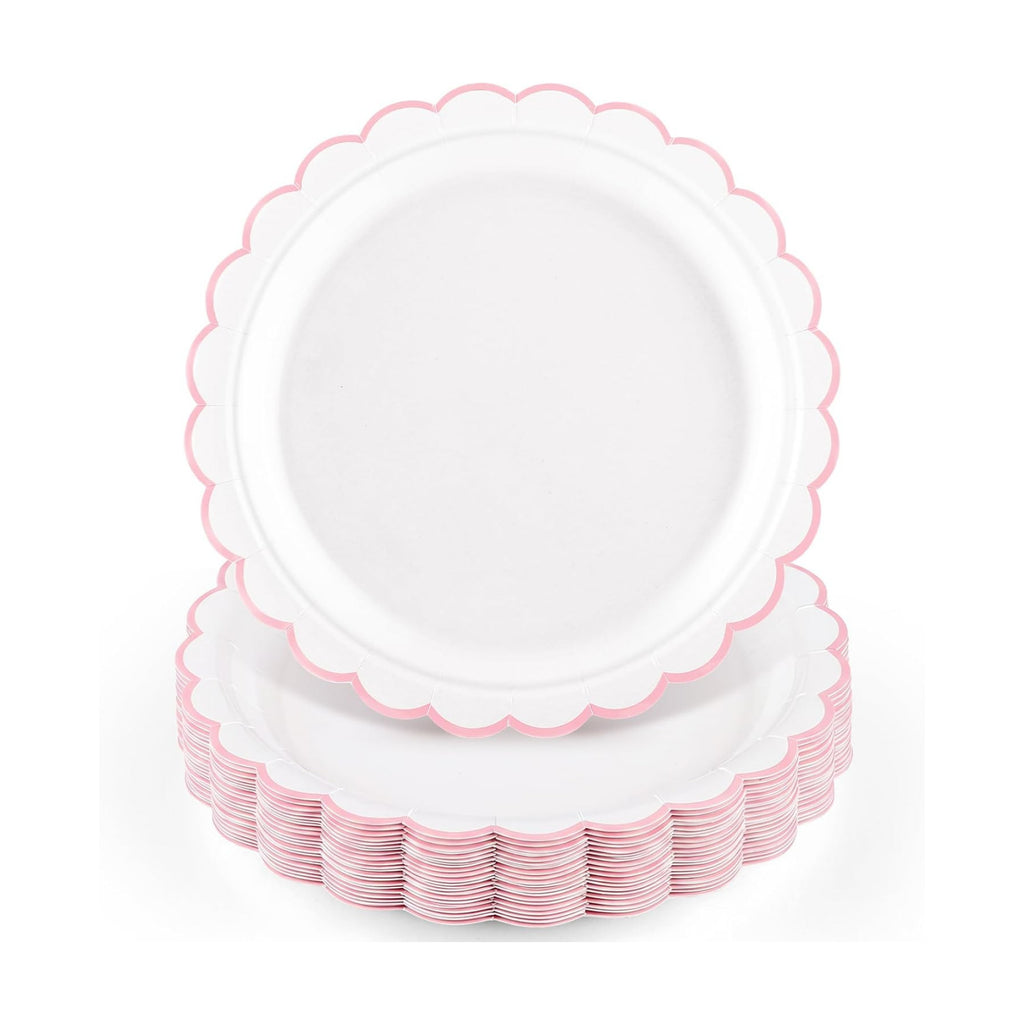 NatNarr 30 Pk Pink Paper Plates 9" Scalloped Pink White Party Plates