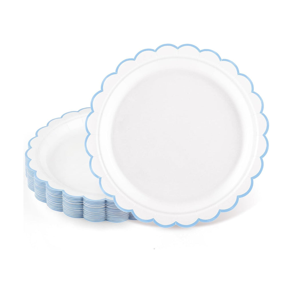 NatNarr 30 PK Light Blue Plates 7" Scalloped Blue White Dessert Cake Plates
