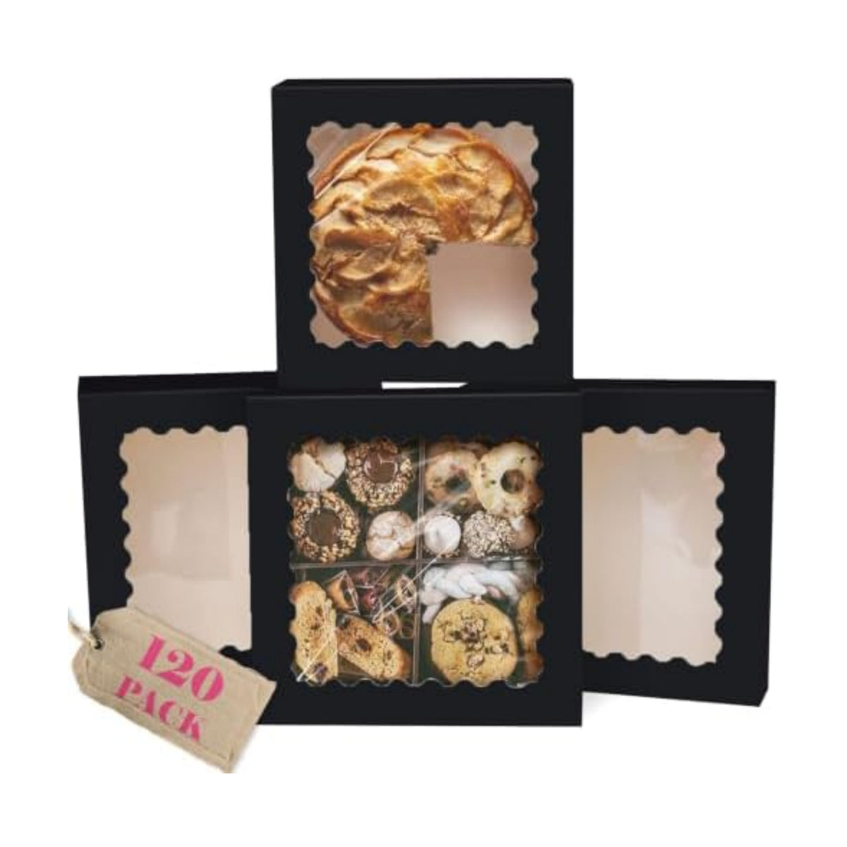 qiqee 10"x 10"x 2.5" Black Pie Boxes with Window 120Packs Cookie Donut Bakery Box (Auto-pop Up)