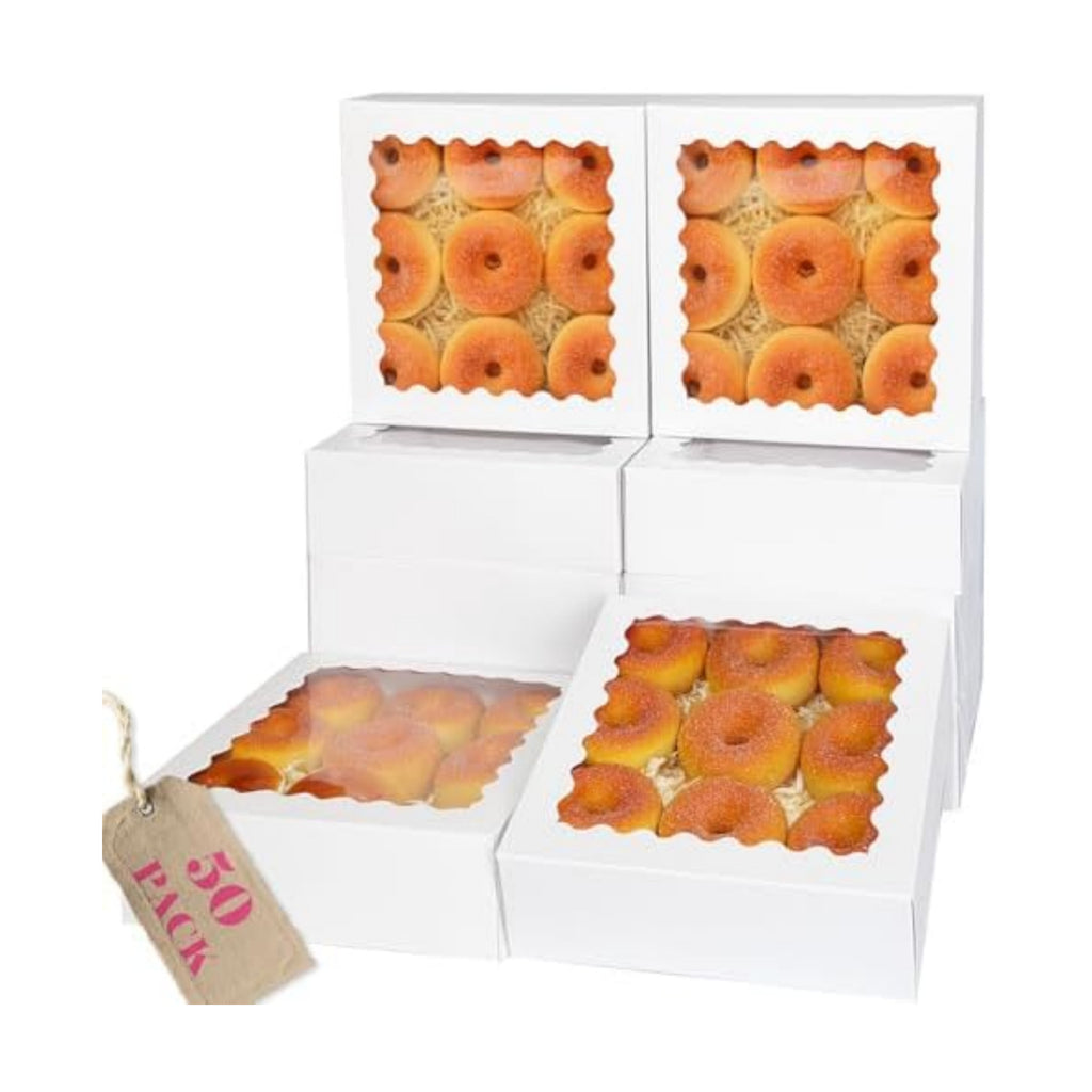 qiqee 10"x 10"x 2.5" White Pie Boxes with Window 50Packs Cookie Donut Bakery Box (Auto-pop Up)