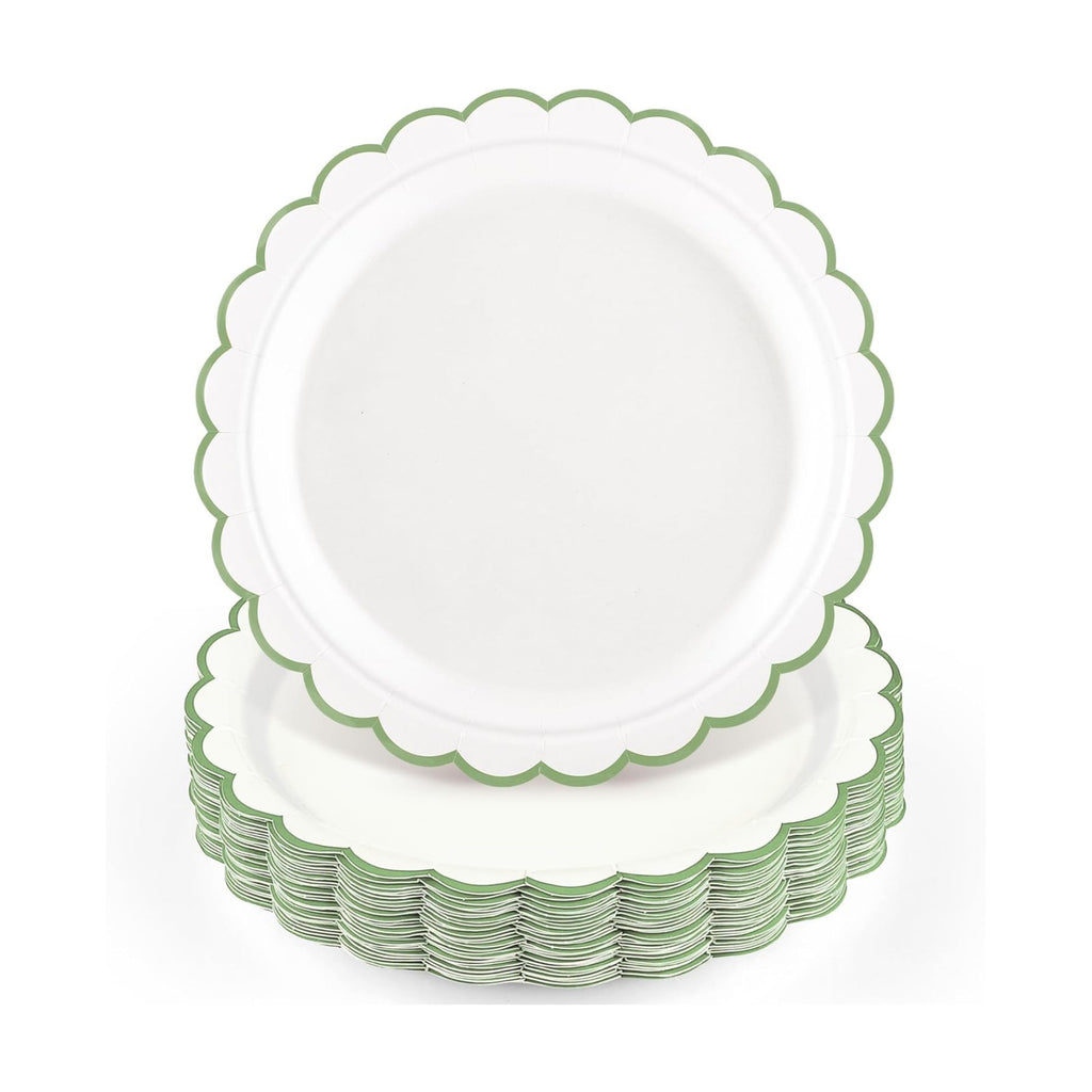 NatNarr 30 Pk Sage Green Paper Plates 9" Scalloped Green White Party Plates