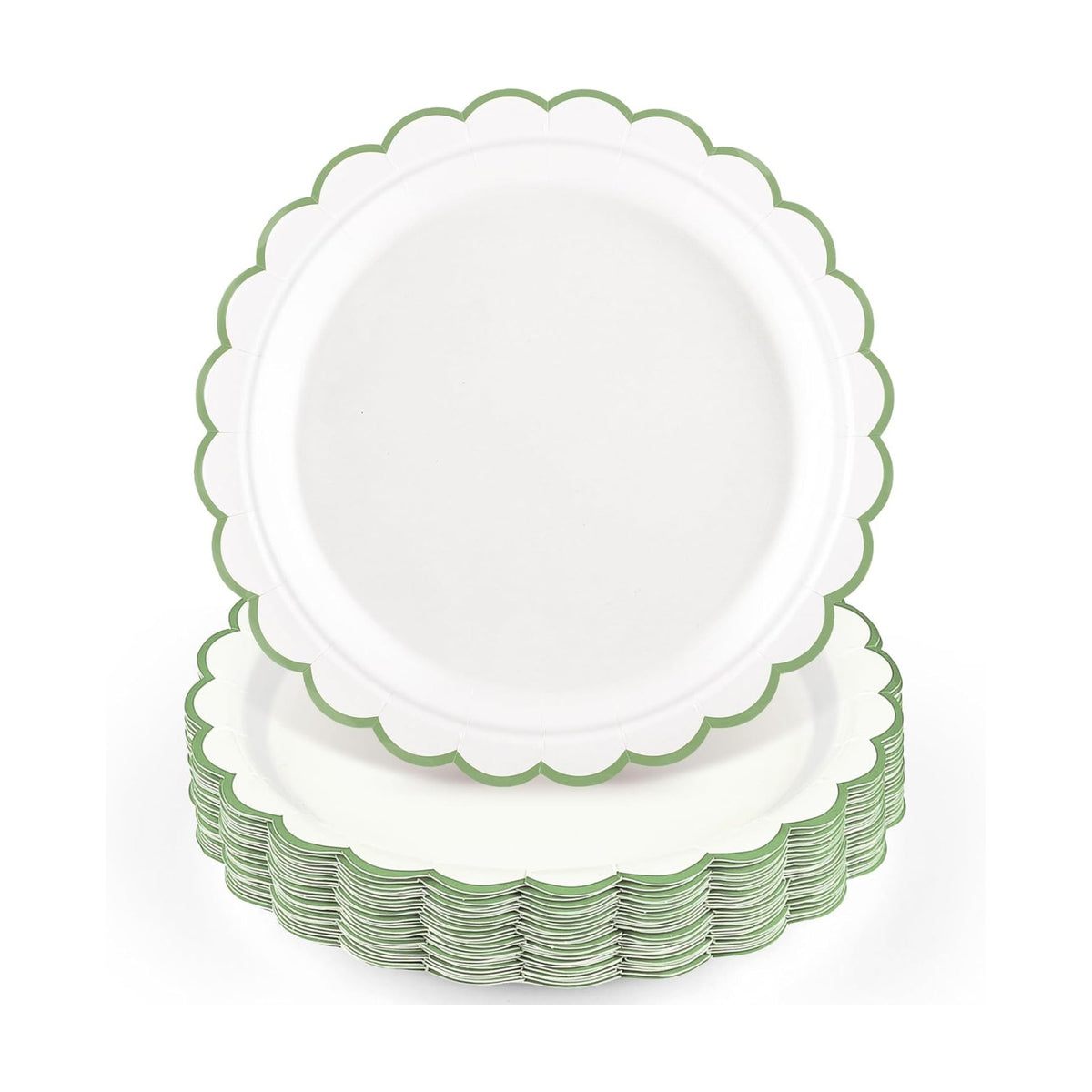 NatNarr 30 Pk Sage Green Paper Plates 9" Scalloped Green White Party Plates