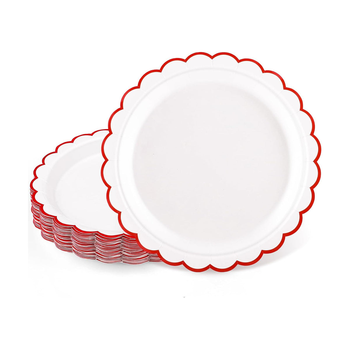 NatNarr 30 Pk Red Paper Plates 7" Scalloped Red White Dessert Cake Plates