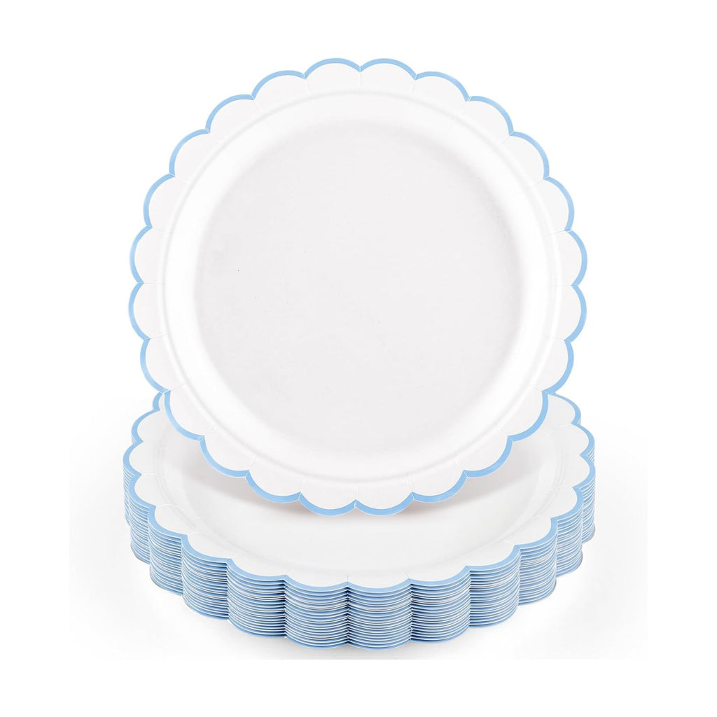 NatNarr 30 Pcs Light Blue Plates 9" Scalloped Blue and White Dessert Plates