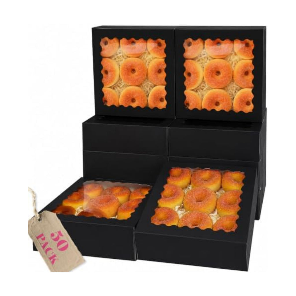 qiqee 10"x 10"x 2.5" Black Pie Boxes with Window 50Packs Cookie Donut Bakery Box (Auto-pop Up)